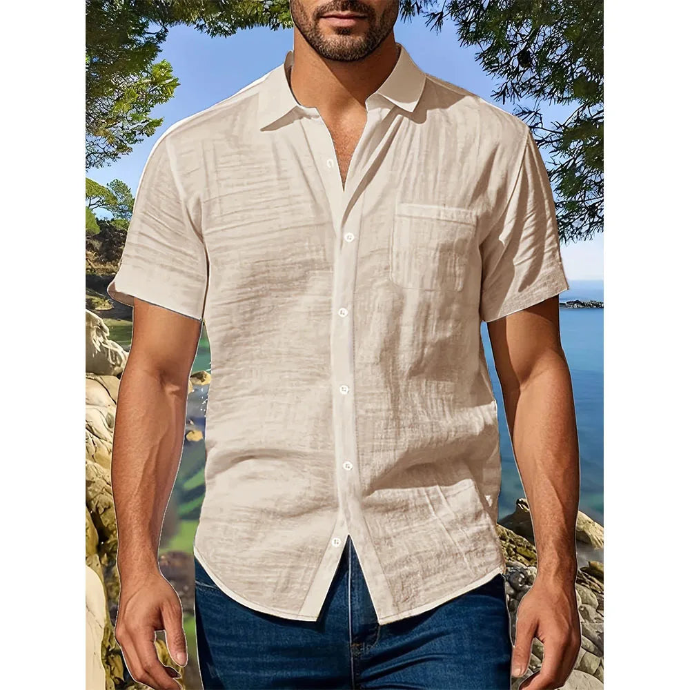 Summer New Men's Short Sleeve Shirt Cotton Linen Lightweight