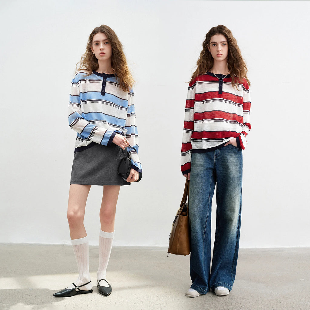 TOYOUTH Women Slub Linen Knit Tops 2026 Spring New Sporty Striped