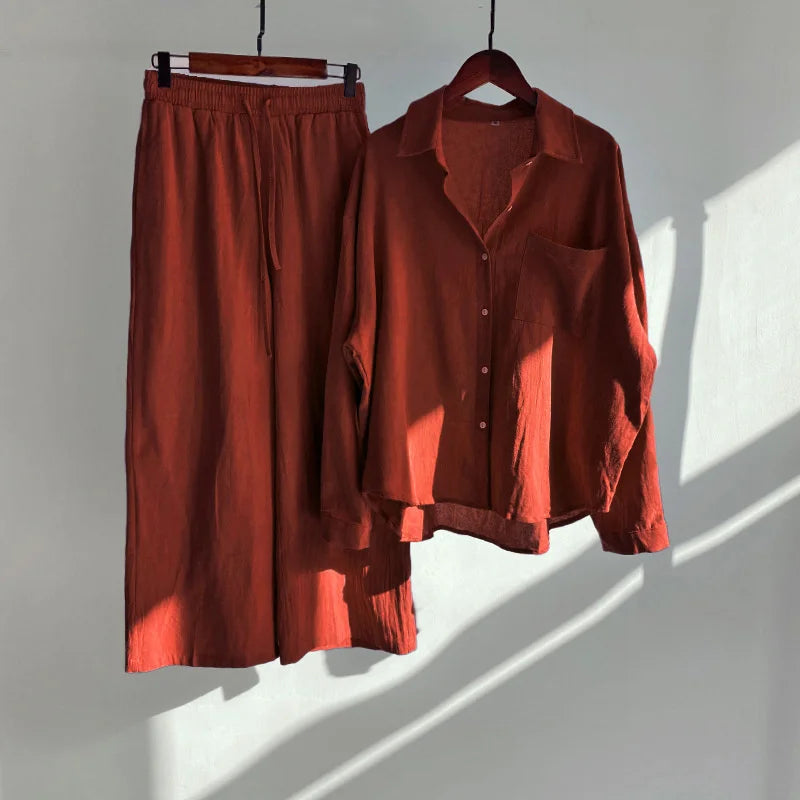 Large Size Two-piece Suit Women Cotton Linen Sets Long-sleeved Blouse