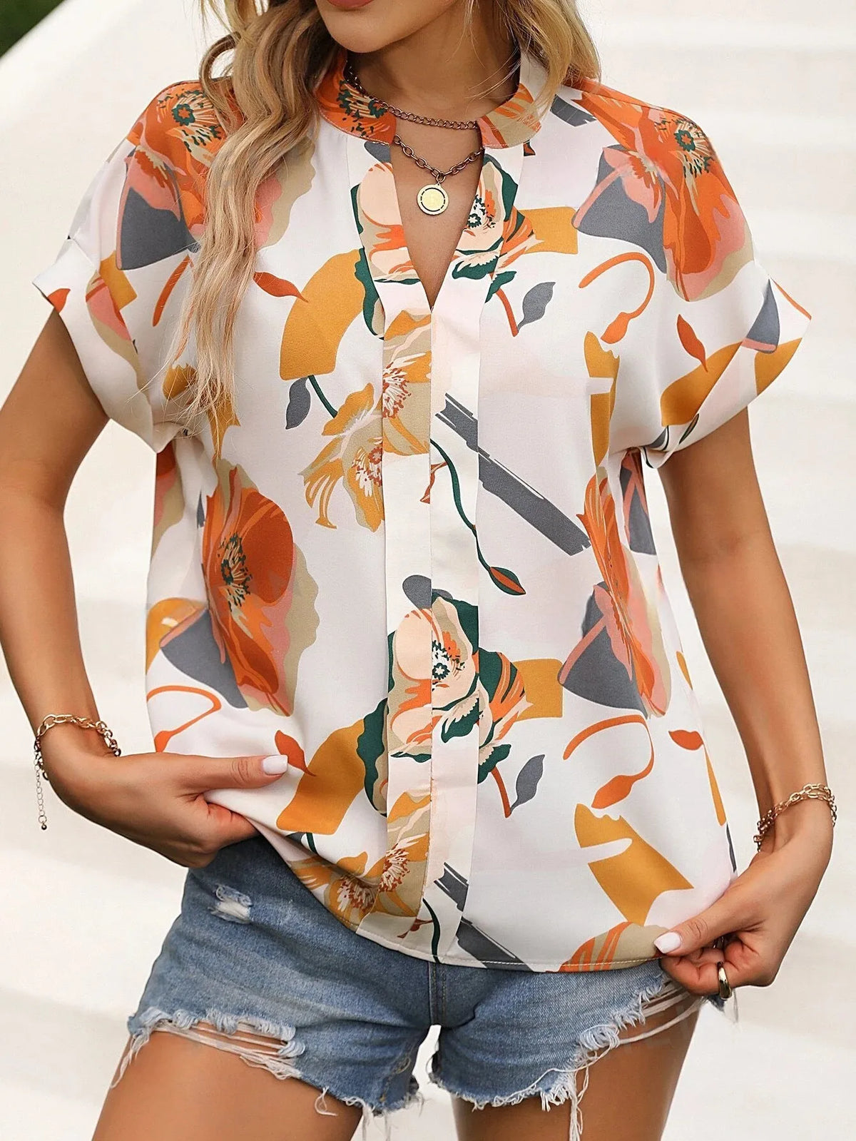 Women Flora Print Notched Neck Batwing Sleeve Blouse Ladies Tops
