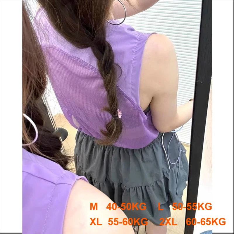 Women Hollowed Mesh Sports Vest Patchwork Ruffle Hem Sleeveless Loose