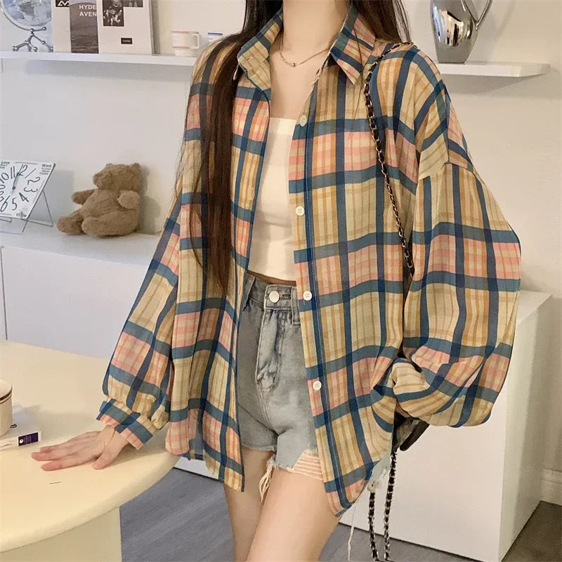 Tops Women Sheer Chiffon Plaid Shirt Long Sleeve Button Up Collared