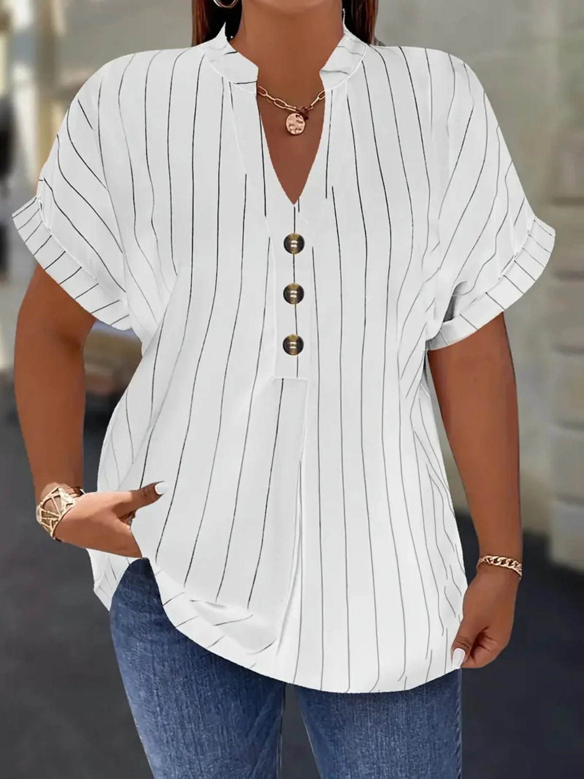 Gadinus White Plus Size Striped Blouse Women V Neck Button Front Short