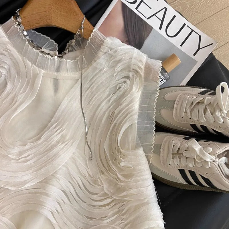 2025 Summer French Style Elegant Ruffled Sleeveless Chiffon Blouse