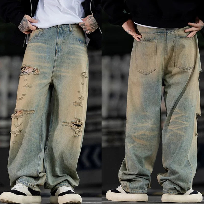 Fashionable Ripped Men's Jeans High Street Vintage Washed Pure Cotton