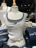 Sweet Pink Ribbed Basic Crop Top Women Summer Three Buttons Sleeveless