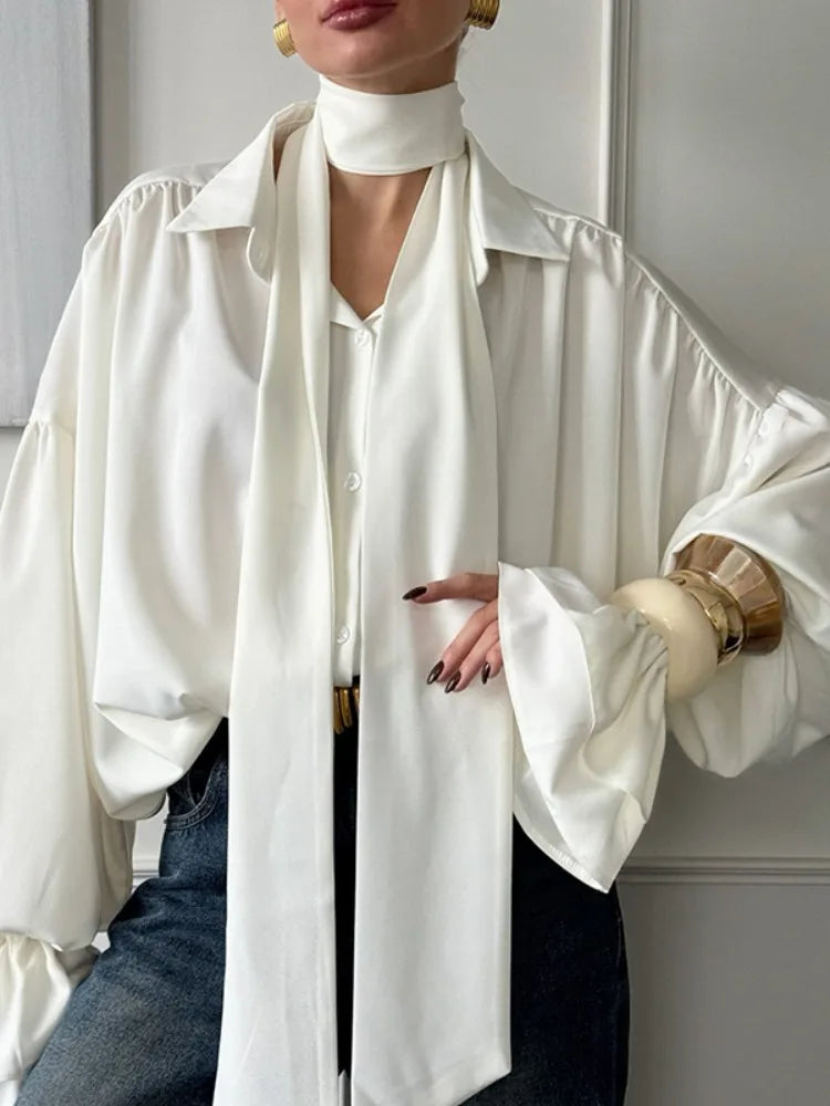 Bonboho Women's Elegant Blouse Solid White Buttoned Satin Shirts Lapel