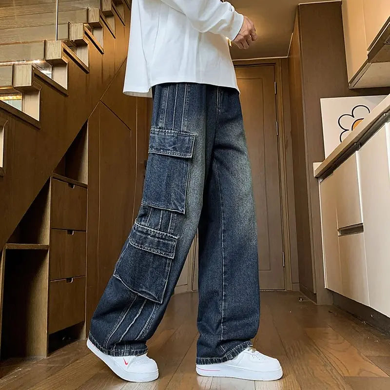 Autumn New Men's Loose Jeans Multi-pocket Work-wearing Jeans Street