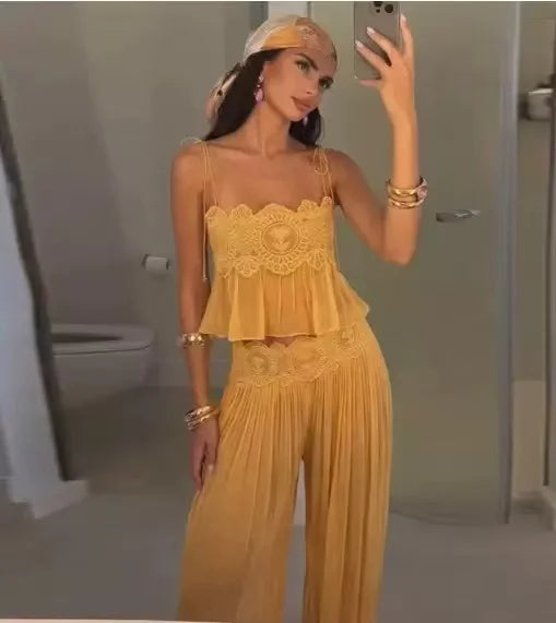 Beach Floral Lace Hollow Out Women's Pants Sets Ruffles Spaghetti