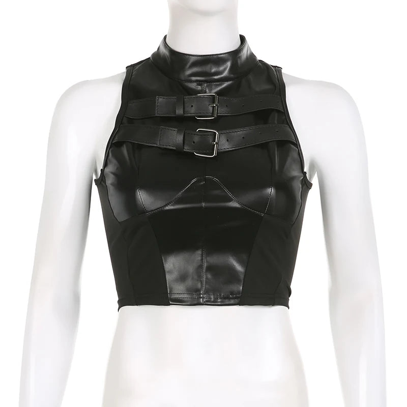 SUCHCUTE Punk Style Leather PU Patchwork Crop Tops Women Grunge Biker