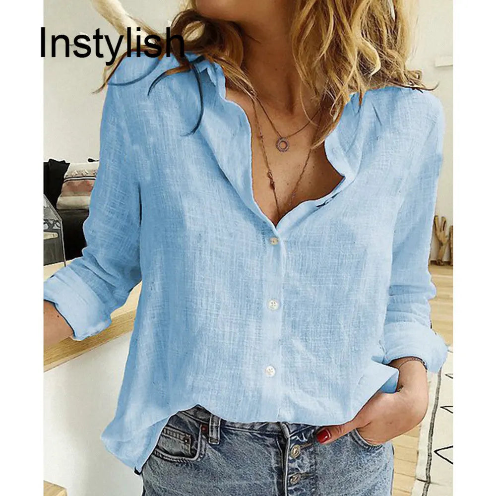 Women Casual Long Sleeve Cotton Linen Loose Shirt Elegant Solid