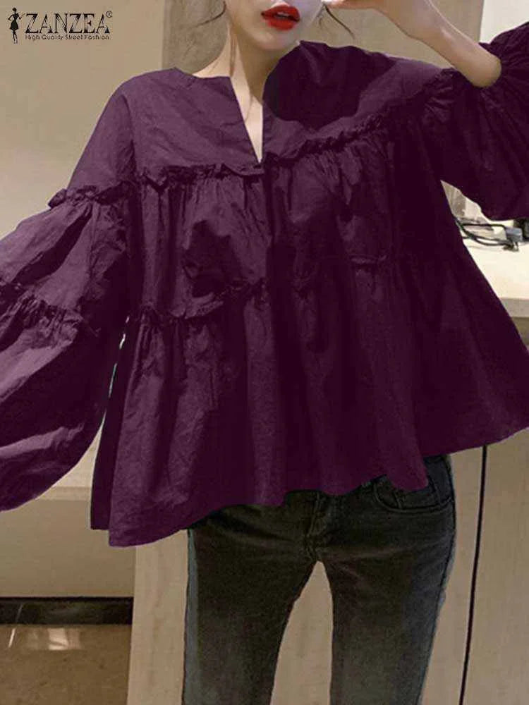 ZANZEA Fashion Women Long Puff Sleeve Blouse Autumn Spring Eelgant