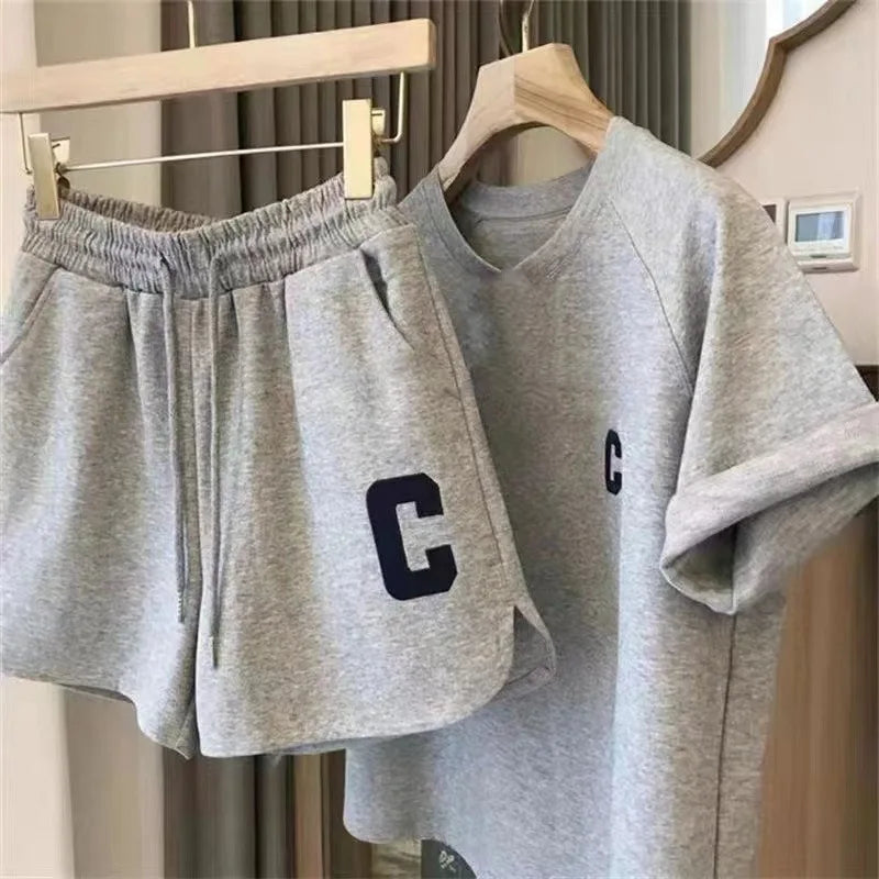  2 Piece Set Women Summer Loose Short Sleeve T-Shirt Casual Shorts