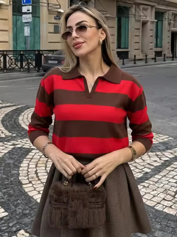 Spring 2026 Women's Polo Neck Knitted Sweater Fashion Stripes Loose