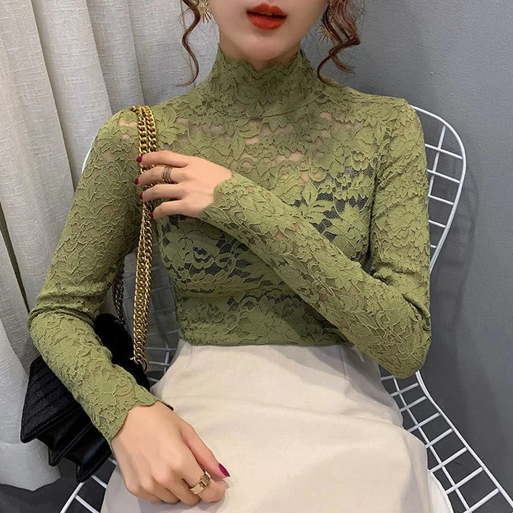 Stretch Floral Lace Petal Sleeve Shirt Women's Long Sleeved S-3XL T