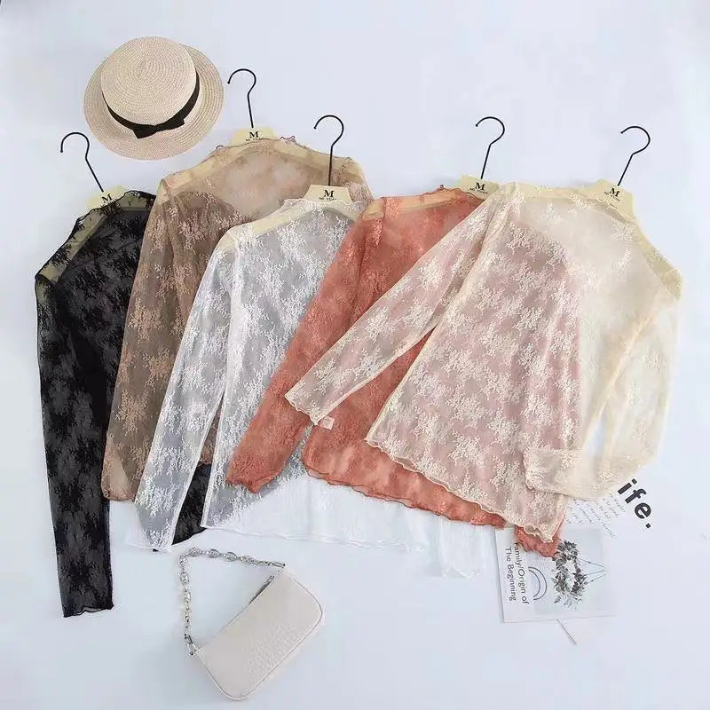 Women Half High Collar Mesh Bottomed Blouse T-shirt Lace Ear Edge