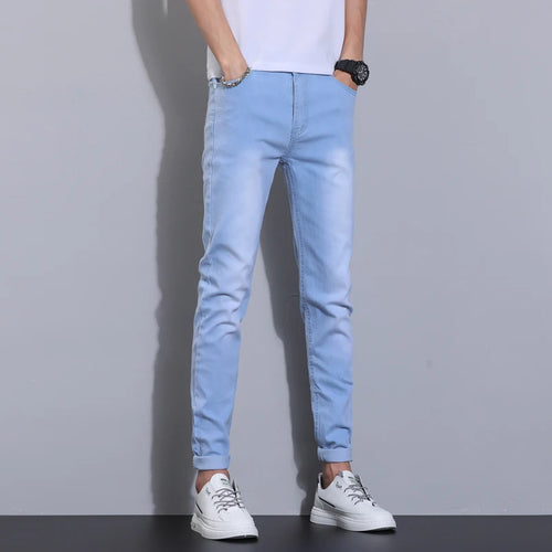 2024 Men's Autumn New High Elastic Jeans Sky Blue Fashion Slim Fit