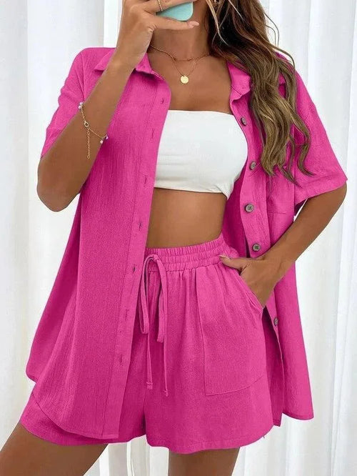 2 Pieces Women Sets Summer Solid Color Short Sleeve Open Stitch Button