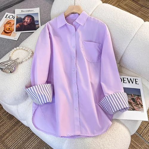 New In Clothing Top Turn-down Neck Purple Patchwork Striped Long
