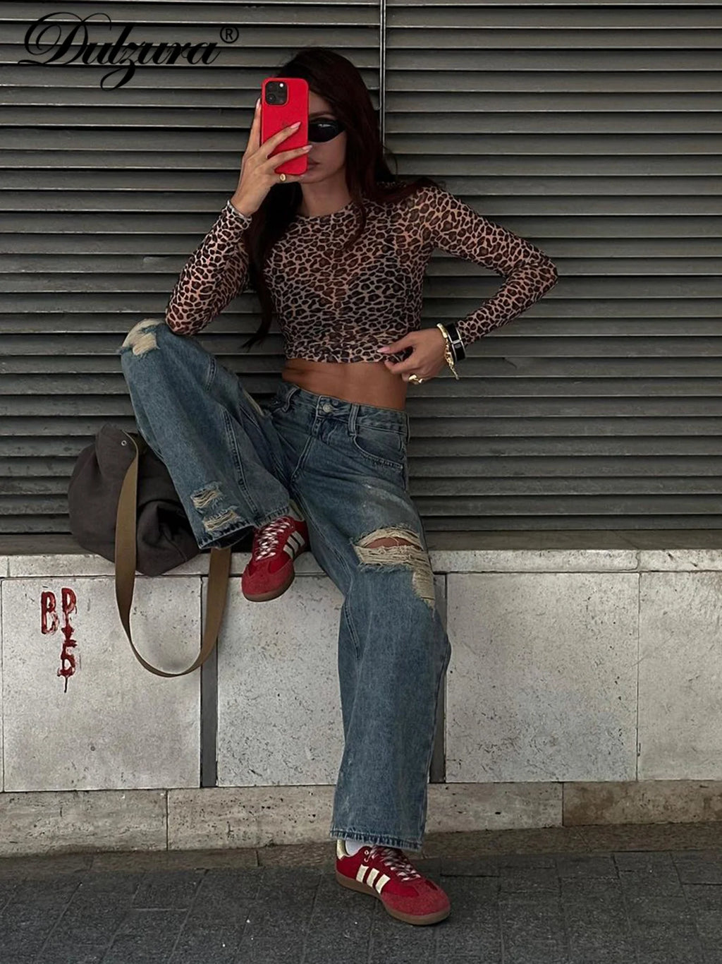 Dulzura Sexy Long Sleeves Tops Mesh T Shirt Leopard Printed Bodycon