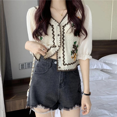 Flower Embroidery Crochet Blouse with Chiffon Sleeve Button Front