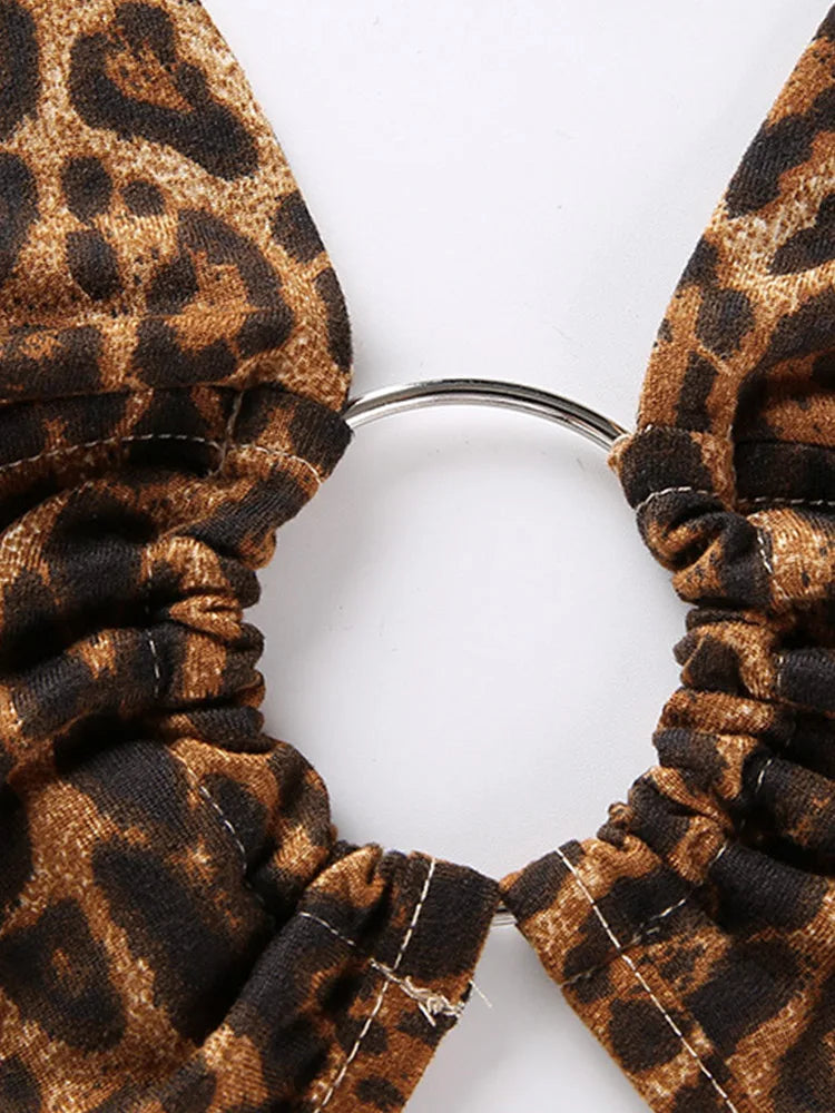 Leopard Print Halter Crop Top for Women Backless Bandage Lace-Up