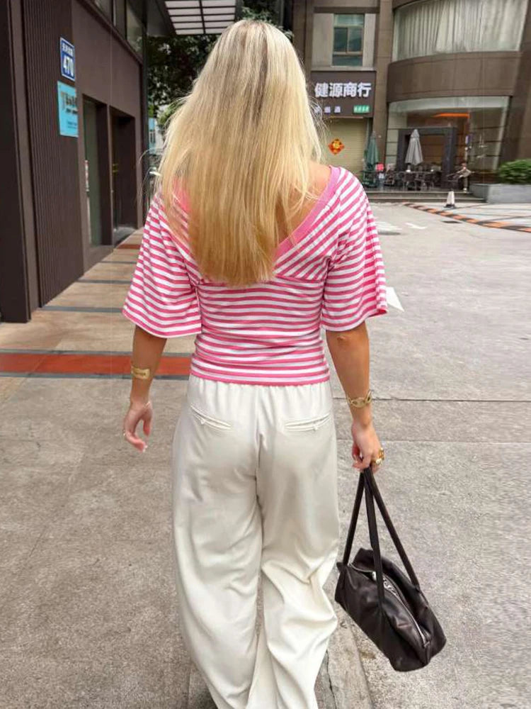 Kliou Striped Patchwork T-Shirts Women Summer Trend V-Neck Short