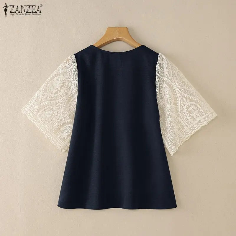 2026 Summer Lace Patchwork Blouse ZANZEA Women Elegant 3/4 Sleeve Work