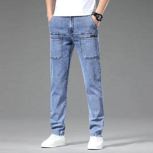Spring Men's Elastic Jeans Straight Leg Workwear Wide Pockets