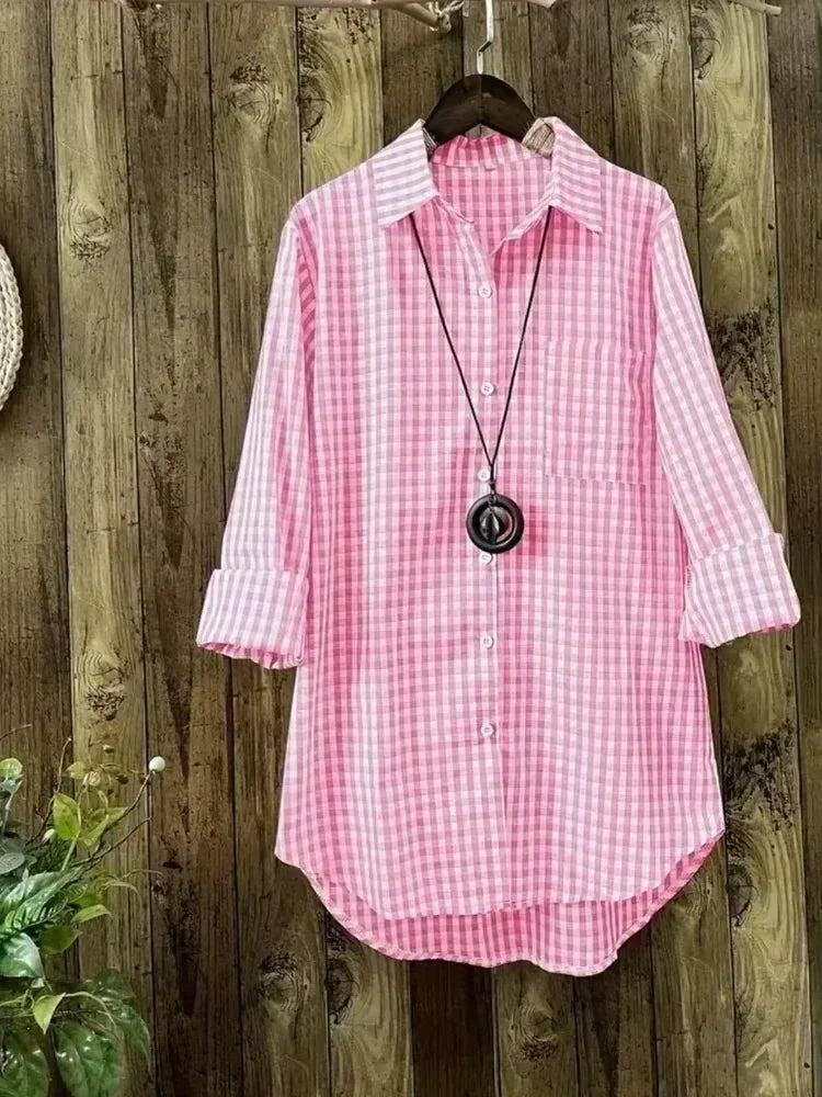 Plus Size Plaid Women's Cotton Linen Long Sleeves Roll Up Striped