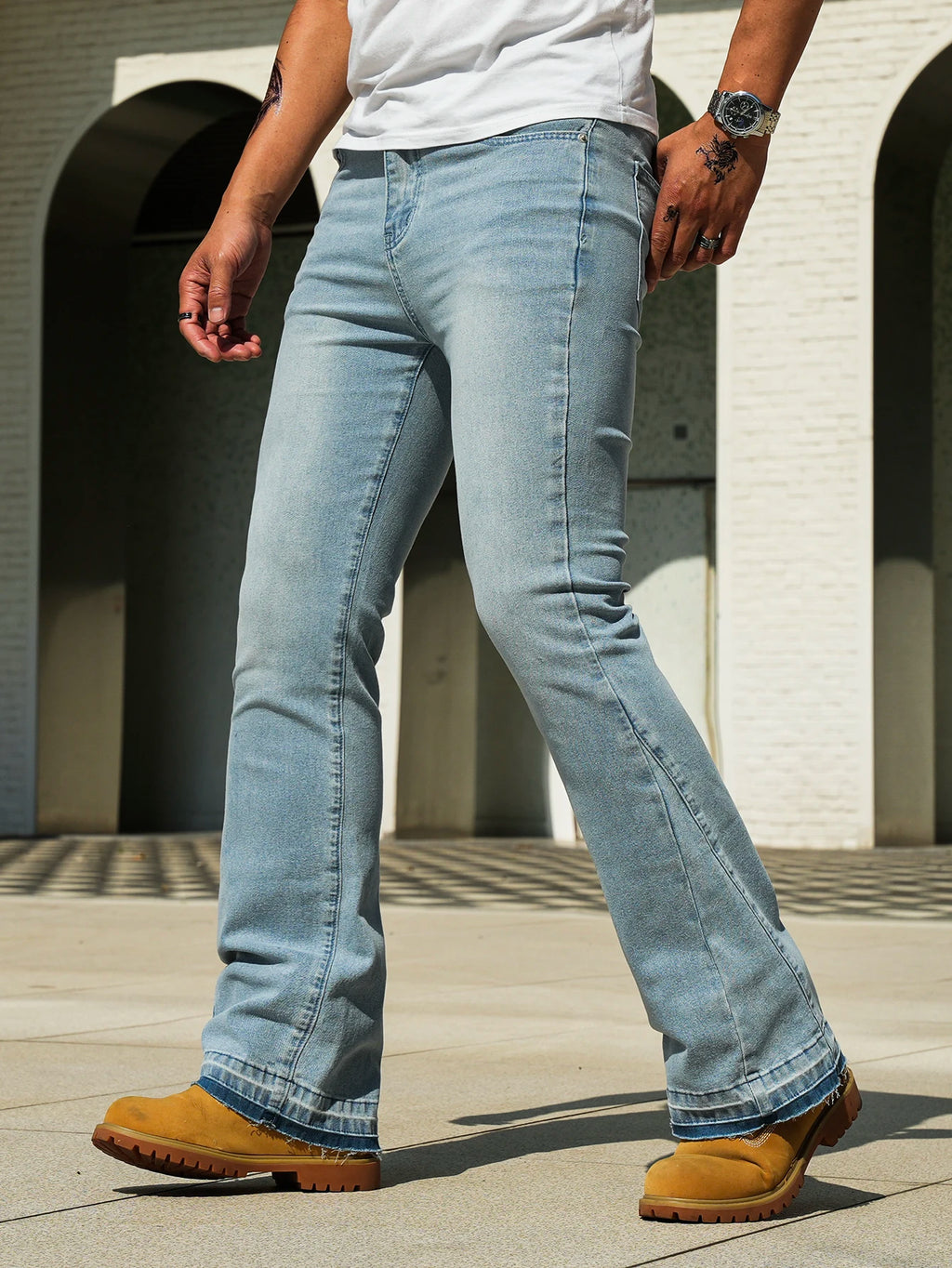 Men's Vintage Light Blue / Black Flare Jeans, Slim Straight Leg Raw