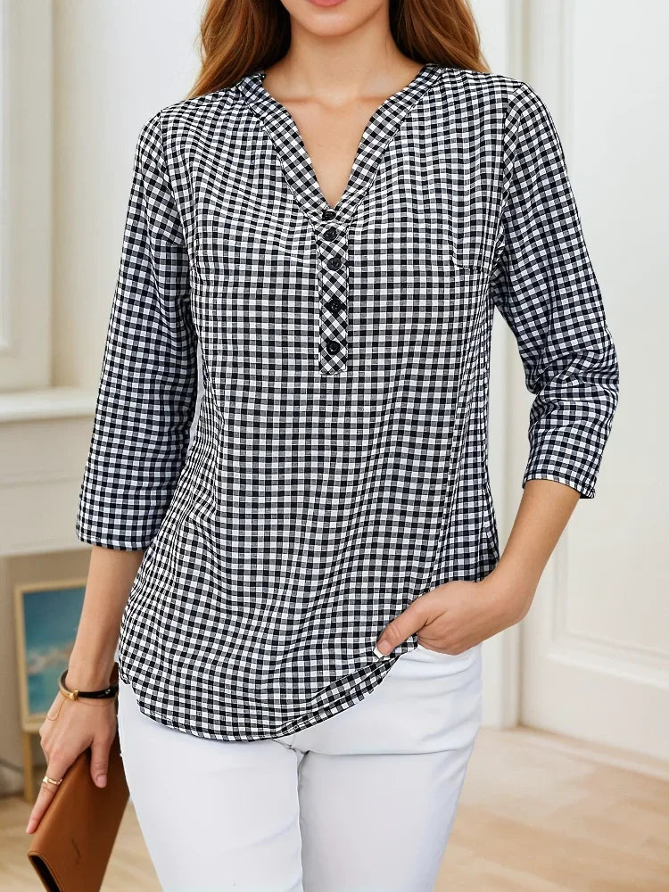 Plus Size Spring Autumn Women Fine Plaid Fashion Long Sleeve V-Neck