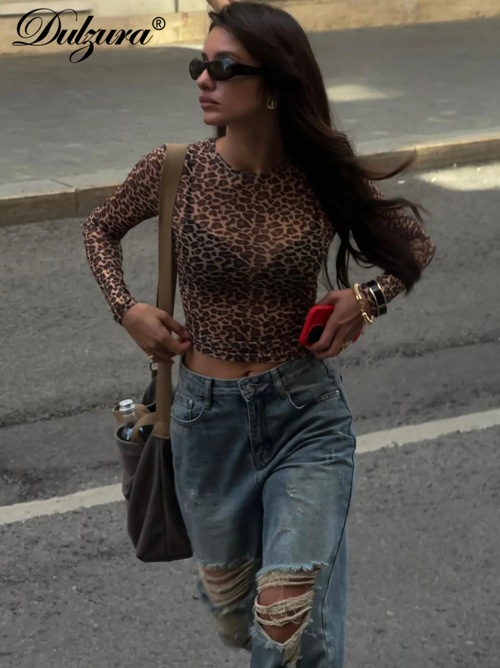 Dulzura Sexy Long Sleeves Tops Mesh T Shirt Leopard Printed Bodycon