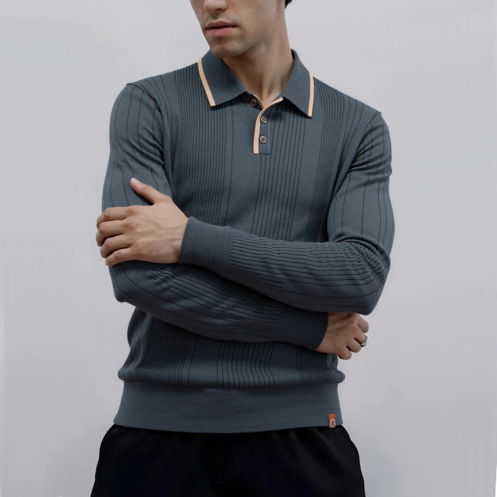 2025 Button Down Polo Shirt Men Solid Color Stripe Long Sleeve Fall