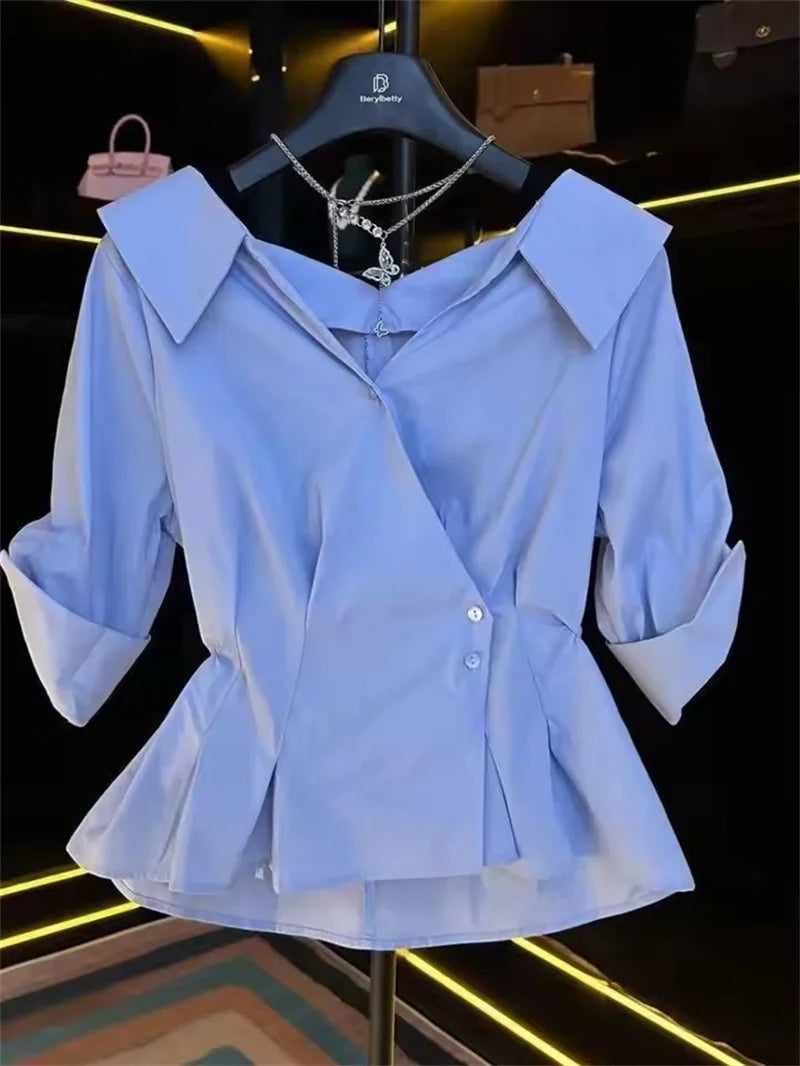 Elegant Short Sleeve V-Neck Shirt Women's Slim Blouse 2025 New Korean