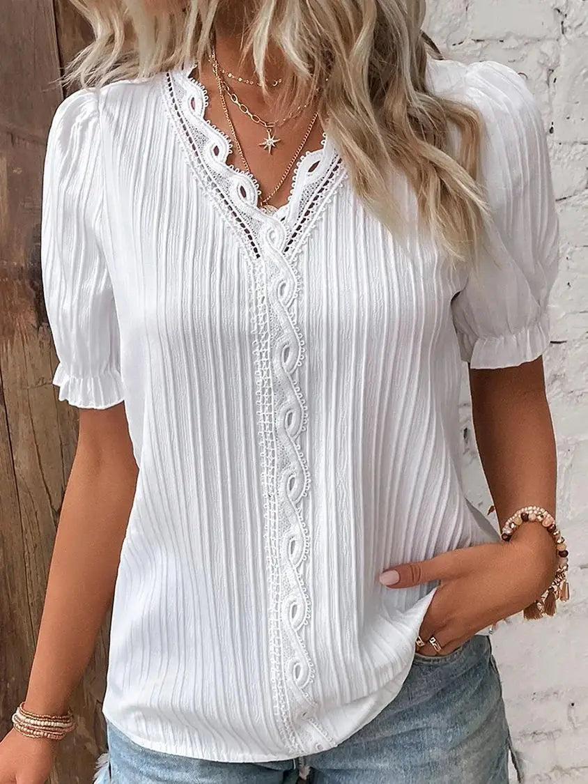 Elegant Women Blouse Shirt V Neck Lace Patchwork Short Sleeve Shirts