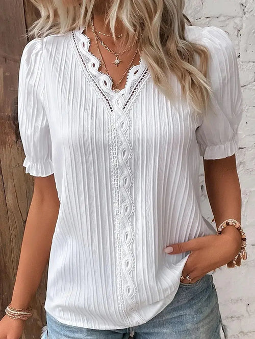 Elegant Women Blouse Shirt V Neck Lace Patchwork Short Sleeve Shirts