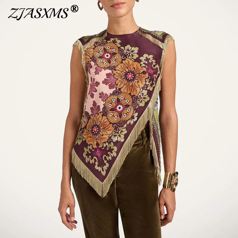 Ethnic Vintage Floral Print Woman Clothes Elegant O Neck Tassel Cross