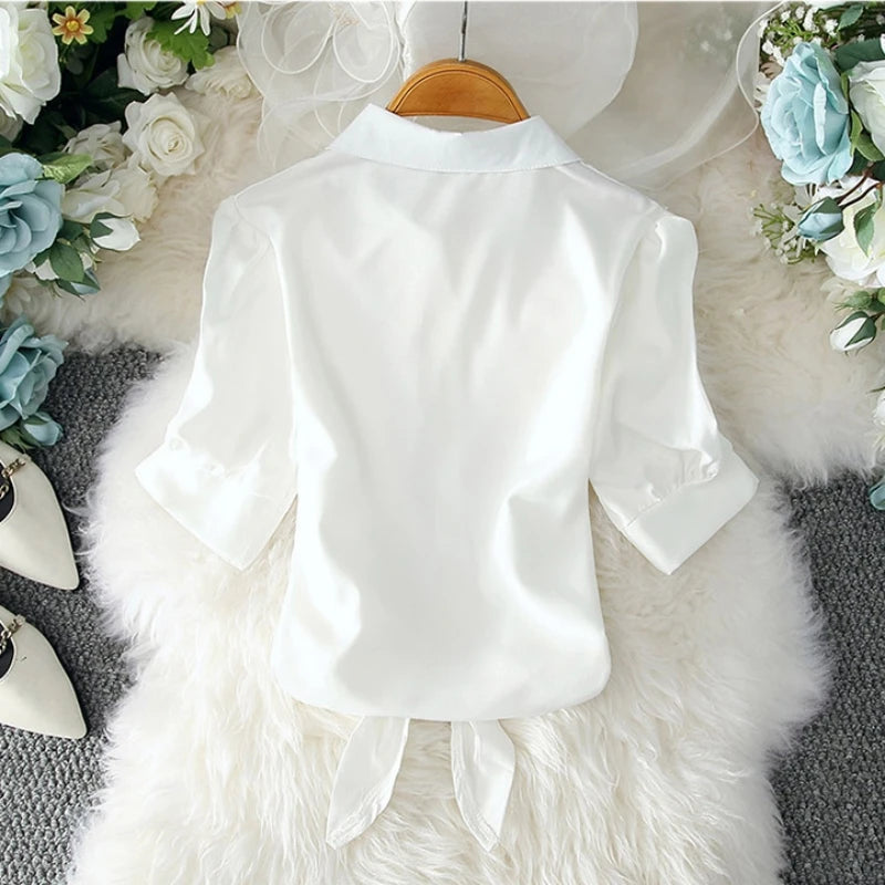 2023 Fashion Solid Color White Women Shirt Casual Blouses Autumn Half