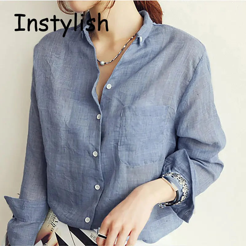 Women Autumn Korean Harjauku Solid Cotton and Linen Blouse Vintage