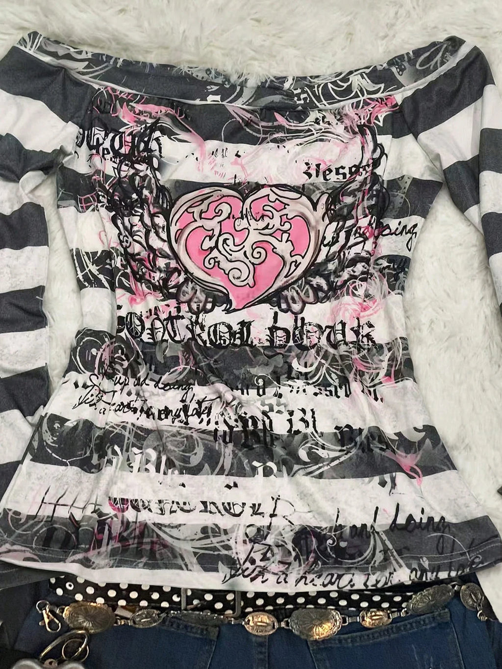 Women's Y2K Sweet 2000S Pink Angel Heart Print,  Striped One-Shoulder