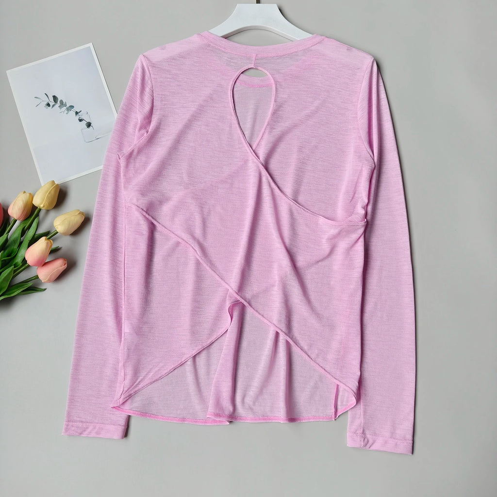 Women Backless Loose Yoga T-shirts Summer Round Collar Long Sleeve