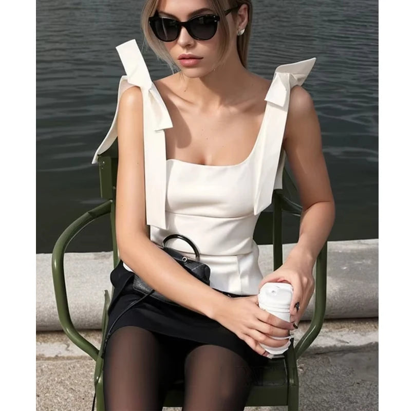 MUJER 2025 Bow Crop Top Woman Yellow Sexy Backless Top Women White