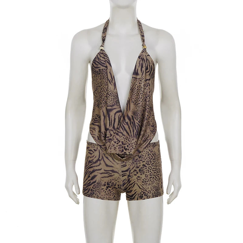SUCHCUTE Woman Leopard Print 2 Piece Set Outfit Halter Deep V-neck