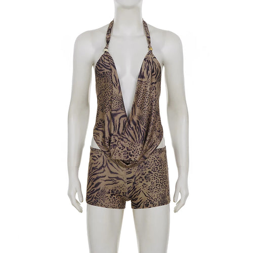 SUCHCUTE Woman Leopard Print 2 Piece Set Outfit Halter Deep V-neck