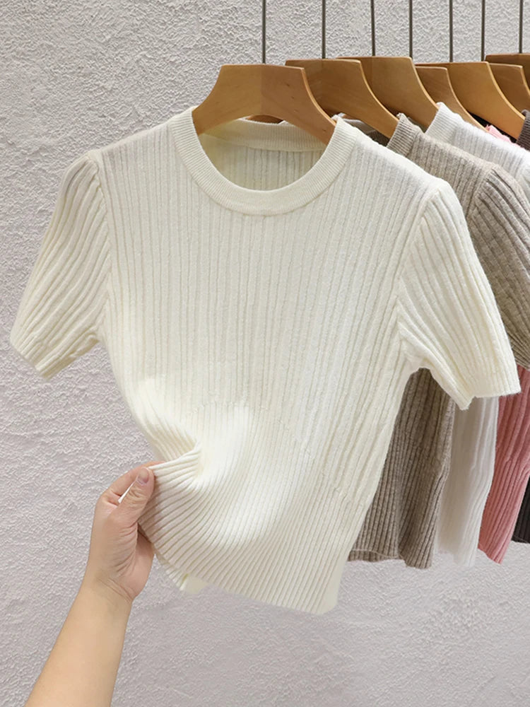 2026 Summer T shirts for Women Casual Female Korean Knit Streetwear