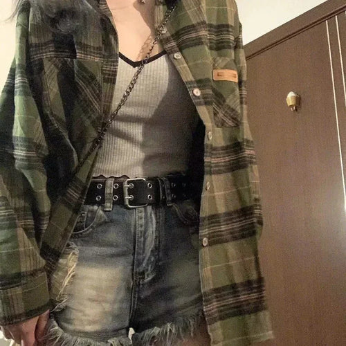 Vintage Dark Green Plaid Shirt Women Long Sleeve Oversized American