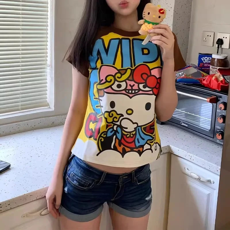New Sanrio Hello Kitty Anime Fashion Short Tops Y2k Summer Cute Tees
