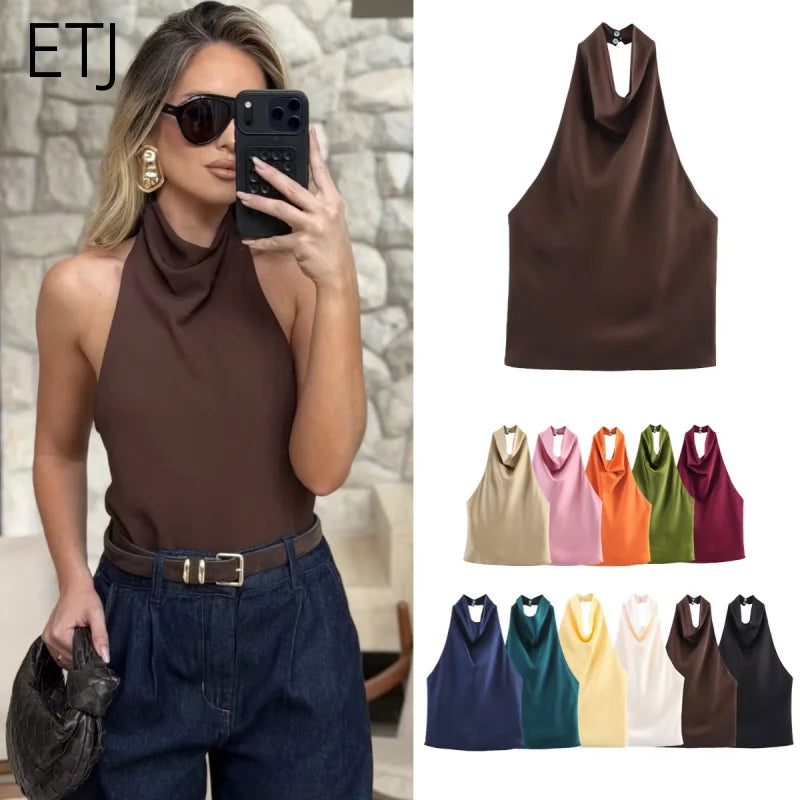 ETJ Women's 2026 Spring Cowl Neck Sleeveless Top Satin Backless Halter