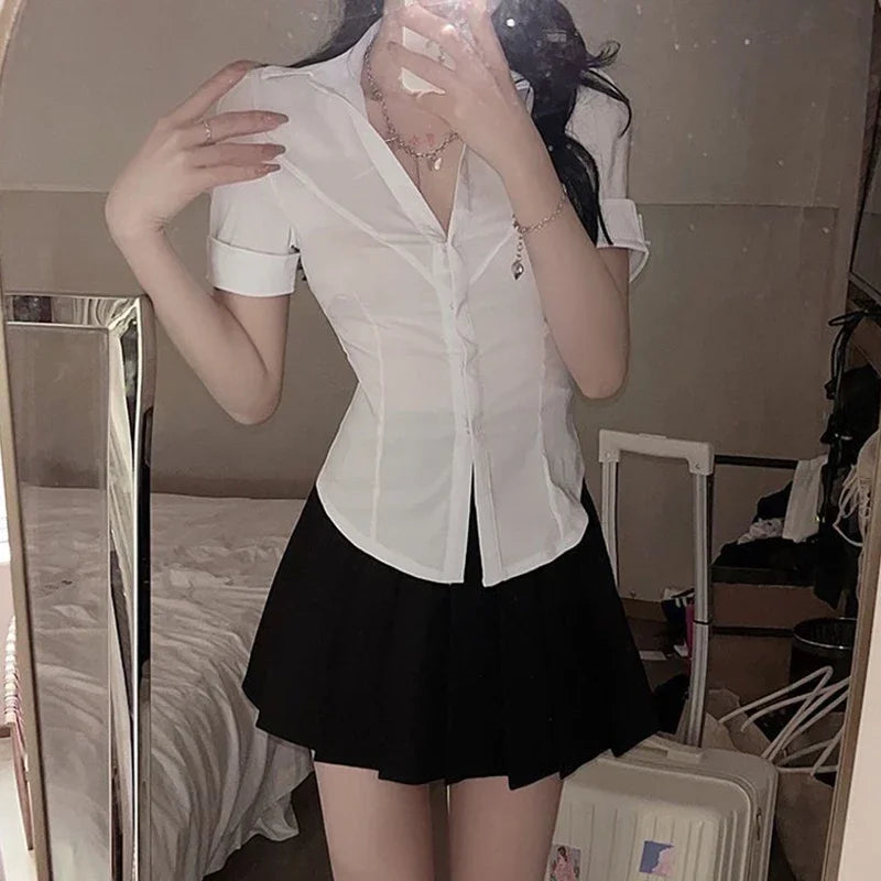 Korean Slim Fit Short Sleeve Cropped Blouse Ladies Solid Color